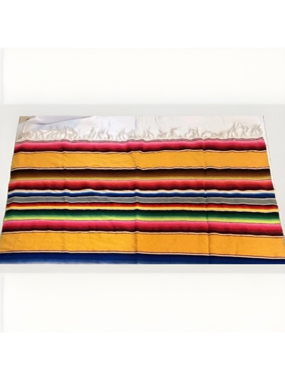 Vintage 80s Yellow Mexican Serape Blanket Colorful Stripes Boho Fringe 82" x 60 - Picture 9 of 16